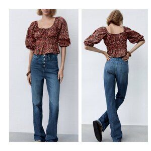 NWT Zara Peasant Cropped Peplum Top Blouse Smocked Waist Puff Balloon Sleeves XS